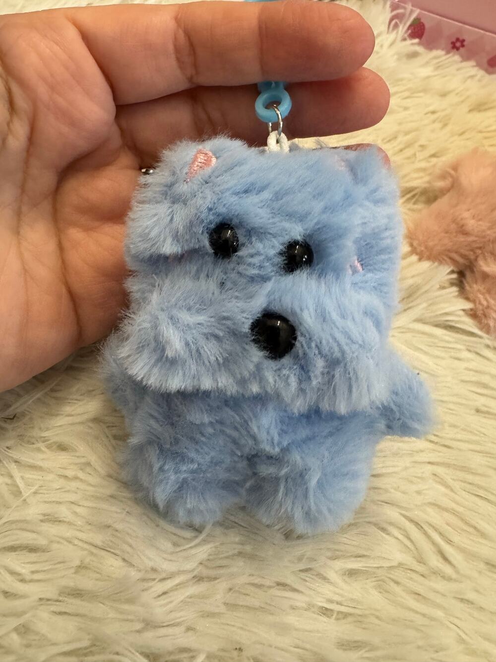 Blue fluffy dog pink ears keychain bag charm super cute